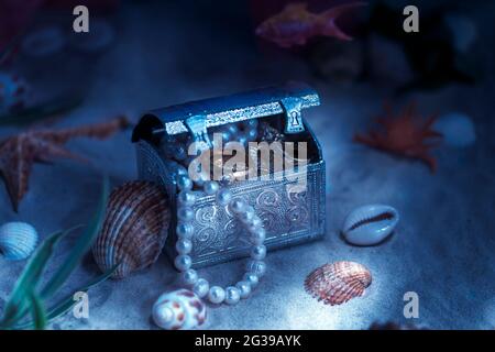 Fantaisie sur le thème des trésors qui se trouvent au fond de la mer ou de l'océan. Bijoux couchés dans une poitrine sous l'eau. Banque D'Images