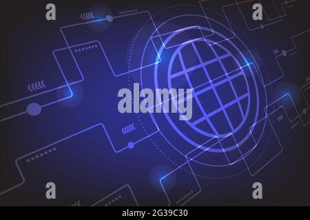 Géométrie d'interconnexion de haute technologie centrée sur le monde et système technologique avec abstraction de l'information numérique. Banque D'Images