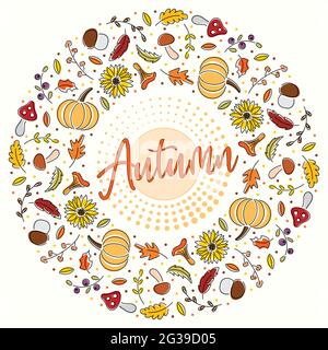 Couronne ronde de légumes et de feuilles à la ligne lumineuse avec inscription automne Illustration de Vecteur