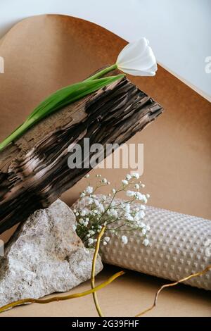 Création boho encore la composition de vie avec des matériaux naturels pierre bois papier fleur plante des branches sèches sur papier brun artisanal. Abstrait minimaliste Banque D'Images