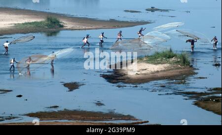 Un groupe de pêcheurs pêchant avec des filets de pêche traditionnels en les jetant dans la rivière Silabati à Medinipur (Midnapore) dans le Bengale occidental, Inde Banque D'Images