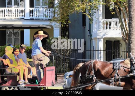 Les touristes voyagent en buggy à cheval tandis que le chauffeur explique le quartier historique des époques coloniales et de la guerre civile dans la ville historique de Charleston, Caroline du Sud. Banque D'Images