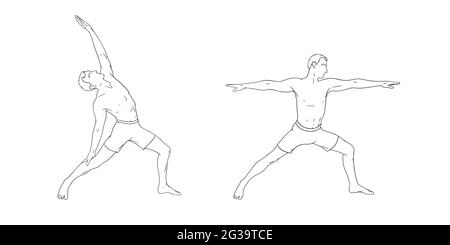 Yoga guerrier pose ou virabhadrasana I et la variation pacifique. Hommes pratiquant le yoga pour l'amélioration de l'équilibre. Illustration vectorielle d'esquisse dessinée à la main Illustration de Vecteur