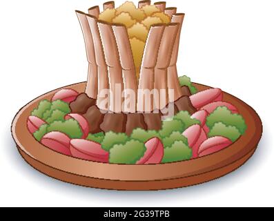 Viande côtes et légumes sur une plaque isolée blanc fond Illustration de Vecteur