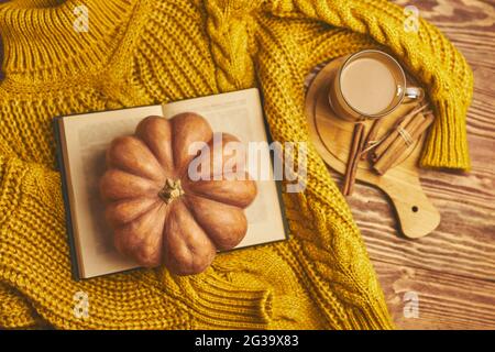 Pull chaud et confortable, livre ouvert et citrouille sur fond de bois. Composition romantique, vue de dessus. Cacao aromatique avec bâtons de cannelle sur plateau en bois automne encore vie, style vintage. Banque D'Images