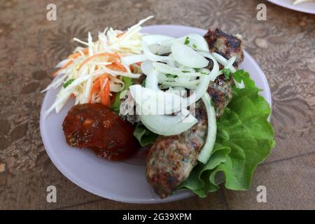 Lula kebab avec rondelles d'oignon sur l'assiette dans le restaurant Banque D'Images