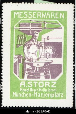 Publicité, timbres d'affiche, appareils ménagers / articles pour la maison, « A. Les couteaux de Storz, Munich, vers 1910, INFO-DROITS-AUTORISATIONS-SUPPLÉMENTAIRES-NON-DISPONIBLES Banque D'Images