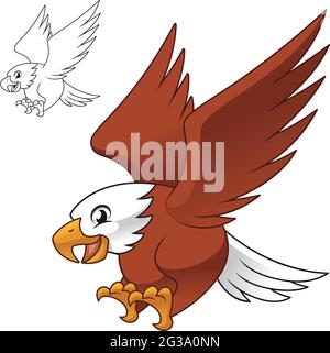Mignon Happy Eagle Falcon Hawk Flying Ready pounce Prey with Line Art Drawing, Animal Birds, Vector Character Illustration, Cartoon Mascot. Illustration de Vecteur