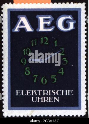 Publicité, timbres-affiches, horloge, « AEG », horloge électrique, VERS 1930, INFO-AUTORISATION-DROITS-SUPPLÉMENTAIRES-NON-DISPONIBLE Banque D'Images