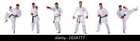 Taekwondo, judo, athlète de karaté. Ensemble de portraits complets d'homme en ceinture noire kimono blanche et gants rouges isolés sur fond blanc. Banque D'Images