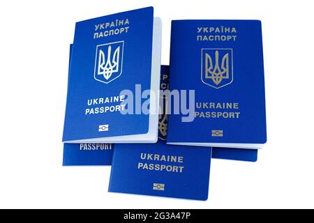 Passeports biométriques de l'Ukraine isolés sur fond blanc. Passeport ukrainien bleu. Banque D'Images