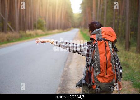 Une touriste féminine dans une chemise à carreaux avec un grand sac à dos orange près d'une autoroute dans les bois vote pour obtenir un tour. Randonnée pédestre, tourisme domestique. Backpa Banque D'Images