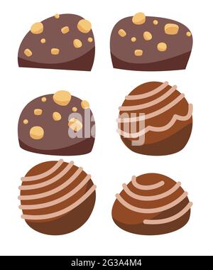 Définir. Bonbons au chocolat. Assortiment de desserts bruns. En forme de noix et de crème. Des friandises délicieuses. Illustration d'arrière-plan de dessin animé plat. Vecteur Illustration de Vecteur