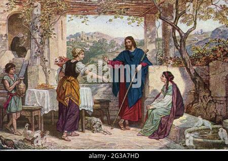 Religion, Christianisme, Jésus Christ, scènes de sa vie, Jésus comme invité, impression couleur, années 1950, LE DROIT D'AUTEUR DE L'ARTISTE N'A PAS À ÊTRE EFFACÉ Banque D'Images