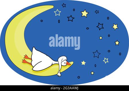 Carte postale mignonne. Une petite oie blanche dort sur la lune, dans un ciel nocturne Illustration de Vecteur