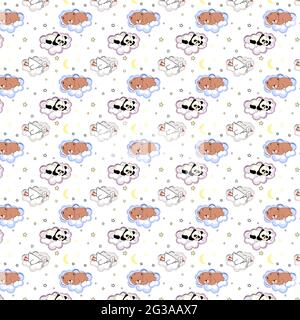 Motif sans couture pour enfants mignon, animaux dormant sur les nuages : ours en peluche, panda, oie. Illustration de Vecteur