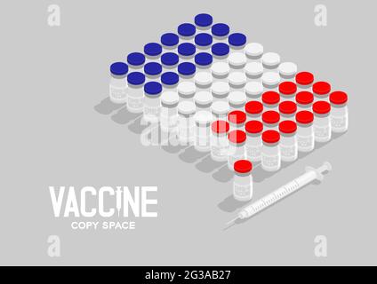 Flacon et seringue de vaccin Covid-19 isométriques, forme du drapeau national de la France, illustration de la conception du concept de pays de la campagne mondiale de vaccination isolée sur Illustration de Vecteur