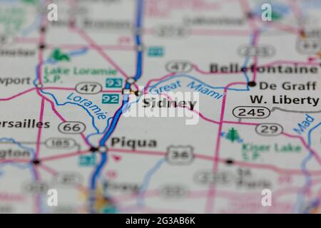 Sidney Ohio USA sur une carte de géographie ou une carte routière Banque D'Images