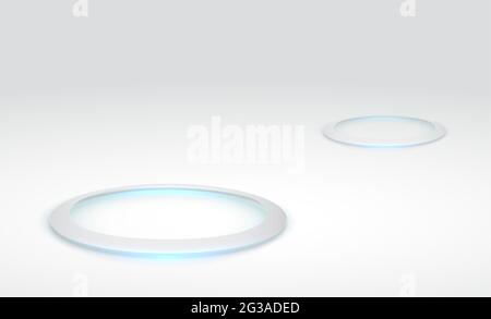 Résumé de l'expérience en matière de haute technologie pour les produits de démonstration. Podium sur pied rond sur fond blanc. Modèle de support de produit futuriste. Anneau lumineux au sol Banque D'Images