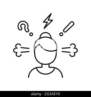 Icône de ligne de femme stressée, en colère, confuse. Face femelle avec point d'interrogation, boulon tonnerre, point d'exclamation. Pensée négative. Anxiété et dépression. Illustration de Vecteur