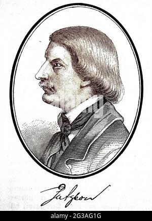 Karl Ferdinand Gutzkow, Carl Gutzkow, 17. März 1811 -16. Dezember 1878, war ein deutscher Schriftsteller, Dramatiker und journaliste, einer der Stimmmführer der jungdeutschen Bewegung / Karl Ferdinand Gutzkow, 1811-1878, écrivain allemand, woodcut de l'année 1882, historique, numérique amélioration de la reproduction d'un original du XIXe siècle / Redigelage Produktion 19. Jahrhundert, Originaldatum nicht bekannt, Koloriert, Kolorierung, koloriert, Handkoloriert, coloration à la main, couleur à la main, couleur Banque D'Images