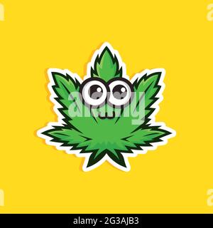 Feuille de cannabis mignonne sur fond jaune. Style de dessin animé. Autocollant médical d'huile de cbd et de pommade de chanvre. Illustration. Banque D'Images