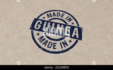 Fabriqué en icône de tampon de Guinée dans quelques versions de couleur. Illustration du rendu 3D du concept de l'usine, de la fabrication et de la production. Banque D'Images