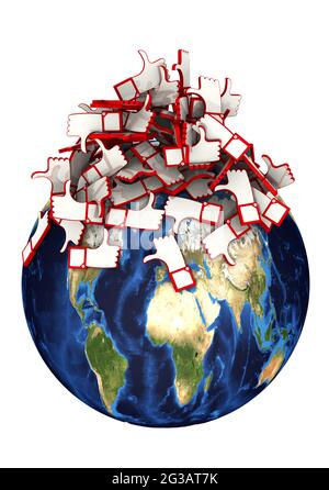 Le globe a bombardé de critiques. Globe et un tas de symboles de revues (la main fait des gestes de pouce vers le haut (comme) et de pouce vers le bas (comme))). Isolé Banque D'Images