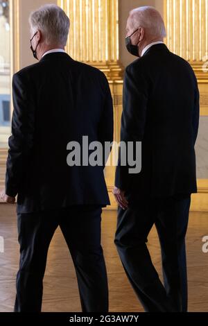 Roi Philippe - Filip de Belgique et le président américain Joe Biden photographiés devant un public au Palais Royal à Bruxelles, le mardi 15 juin 2021. Le U Banque D'Images