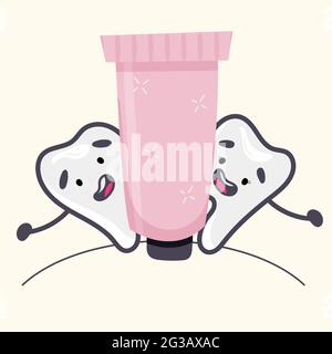 Concept de soins dentaires. Les dents sont heureuses de dentifrice. Illustration de Vecteur