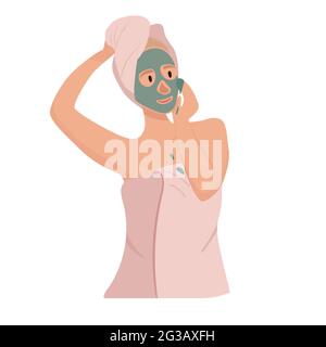 femme après la douche avec une serviette sur sa tête et un masque de nettoyage sur son visage.illustration vectorielle, femme après la douche avec une serviette sur sa tête et une cl Illustration de Vecteur