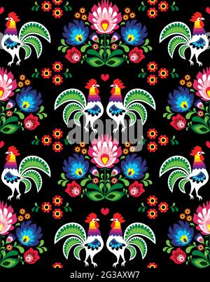 Motif d'art populaire polonais sans couture avec rosters et fleurs - Wzory Lowickie, wycinanka, textile ethnique traditionnel ou imprimé tissu sur fond noir Illustration de Vecteur