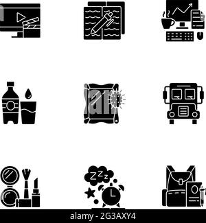 Activités de tous les jours, icônes de glyphes noires placées sur un espace blanc Illustration de Vecteur