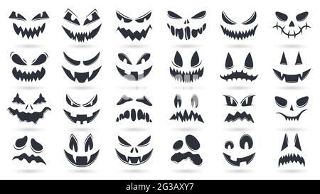 Visages de citrouilles d'Halloween. Émoticônes fantômes effrayantes faces ensemble d'illustrations vectorielles isolées. La citrouille fait peur et donne une silhouette Illustration de Vecteur