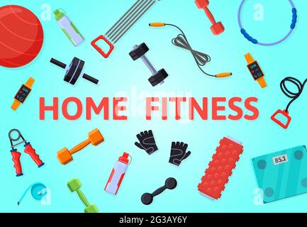 Affiche d'entraînement à domicile. Fitness et yoga équipement sain de style de vie, exercices à la maison vecteur illustration de fond. Bannière d'entraînement physique Illustration de Vecteur