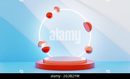 Illustration 3D d'une lumière en anneau illuminant une plate-forme vide rouge vif Banque D'Images
