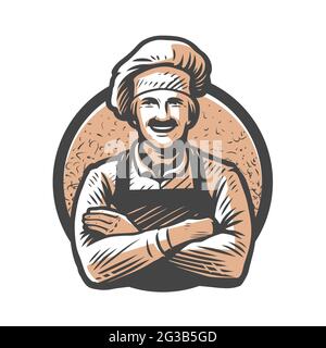 Joyeux chef en chapeau aux bras croisés dessinés dans le style esquisse. Concept alimentaire. Illustration vectorielle vintage Illustration de Vecteur