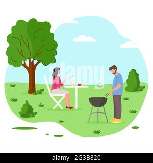 Illustration vectorielle Homme préparant un barbecue à l'extérieur pour les amis, la famille. Ambiance barbecue. Pique-nique à l'extérieur. Profitez du barbecue dans la nature Illustration de Vecteur