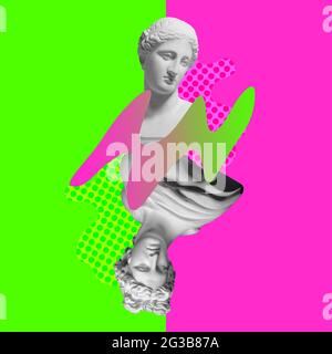 Homme ou femme. Collage d'art contemporain avec tête de statue antique dans un style surréaliste. Banque D'Images