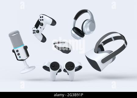 Des accessoires de gamer volant comme la souris, le clavier, le joystick, le casque, la reconnaissance vocale, microphone Banque D'Images