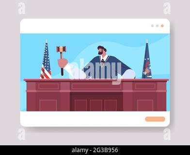 juge avocat procureur en uniforme avec le gavel assis au travail session en ligne du tribunal justice Illustration de Vecteur