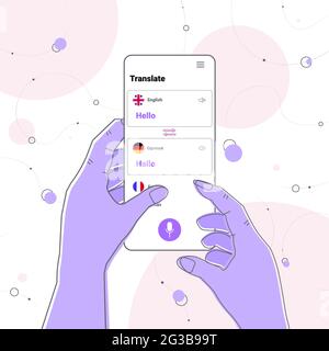 mains utilisant l'application de traduction mobile message d'accueil multilingue communication internationale dictionnaire en ligne Illustration de Vecteur