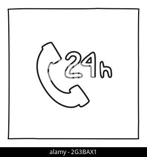 Icône d'appel téléphonique de service Doodle 24 heures sur 24, dessinée à la main avec une fine ligne noire Illustration de Vecteur