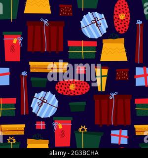 Motif cadeaux de Noël sans couture. Style scandinave coloré sur fond violet foncé. Collection de vœux du nouvel an. Boîtes décorées avec ri Illustration de Vecteur