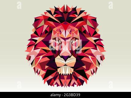 Tête de lion basse rose poly sur toute la face. Animal sauvage composé d'éléments polygonaux. Un personnage aux yeux formidables et au visage calme. Lion géométrique. Vecteur Illustration de Vecteur