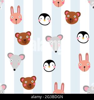 Motif animal kawaii sans couture. Joli lapin, souris, pingouin, ours avec visage drôle sur fond rayé blanc bleu. Personnages vectoriels emoji, enfants Illustration de Vecteur