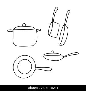 Poêle à frire Doodle, ensemble de casseroles. Contours des pots isolés sur fond blanc. Ustensiles de cuisine confortables, ustensiles de cuisine mignons, plats pour faire frire, faire bouillir, faire de la cuisine Illustration de Vecteur