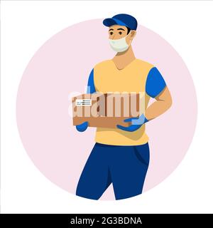 l'homme de livraison dans le masque et glowes avec la boîte dans les mains. Messagerie avec commande. Illustration vectorielle. Illustration de Vecteur
