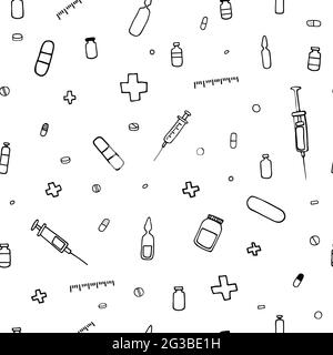 Modèle médical de stock sans couture. Les contours des produits pharmaceutiques isolés sur fond blanc. Seringues, comprimés, croix, emplâtres, médicaments, a Illustration de Vecteur