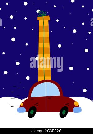 Carte de Noël festive. Voiture rouge avec cadeau sur fond de paysage d'hiver. Bannière des fêtes du nouvel an. Boîte à rayures sur le toit du concept de voiture. Rapide Illustration de Vecteur